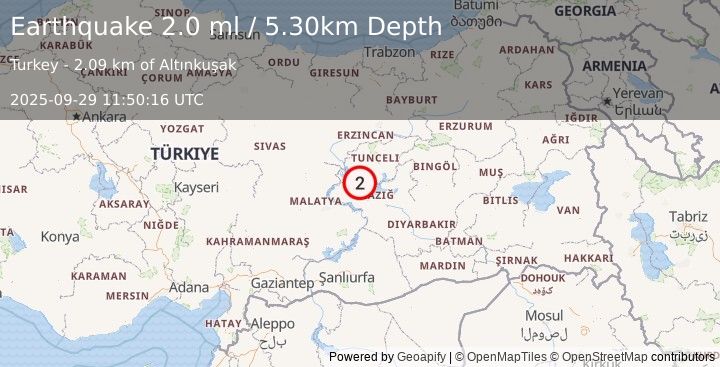 Earthquake EASTERN TURKEY (2.0 ml) (2025-09-29 11:50:16 UTC)
