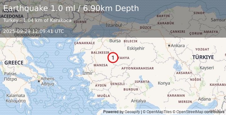 Earthquake WESTERN TURKEY (1.0 ml) (2025-09-29 12:09:41 UTC)