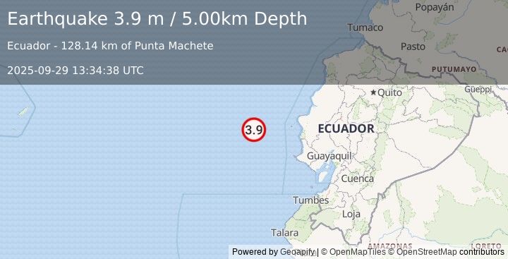 Earthquake NEAR COAST OF ECUADOR (2.8 ml) (2025-09-29 13:35:00 UTC)