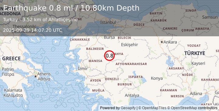 Earthquake WESTERN TURKEY (0.8 ml) (2025-09-29 14:07:20 UTC)