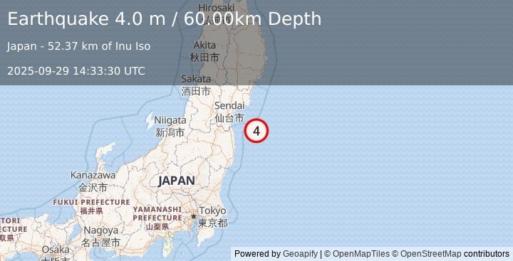 Earthquake NEAR EAST COAST OF HONSHU, JAPAN (4.0 m) (2025-09-29 14:33:30 UTC)