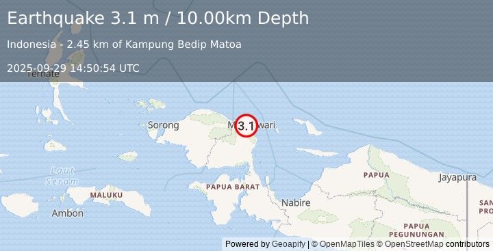 Earthquake NEAR N COAST OF PAPUA, INDONESIA (3.1 m) (2025-09-29 14:50:54 UTC)
