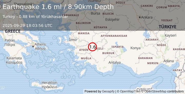 Earthquake WESTERN TURKEY (1.6 ml) (2025-09-29 18:03:56 UTC)