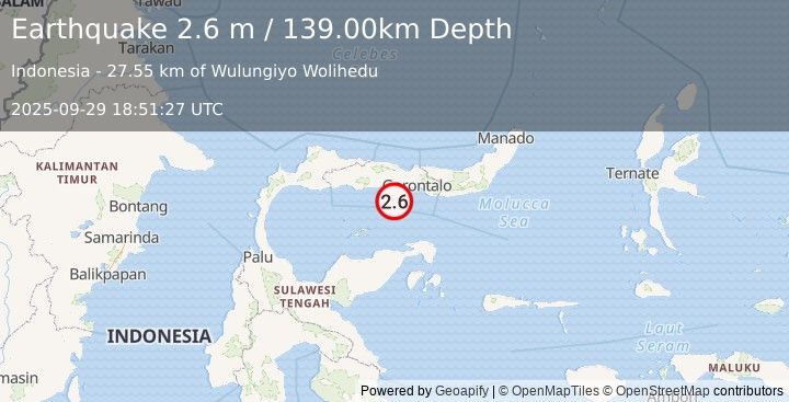 Earthquake MINAHASA, SULAWESI, INDONESIA (2.6 m) (2025-09-29 18:51:27 UTC)