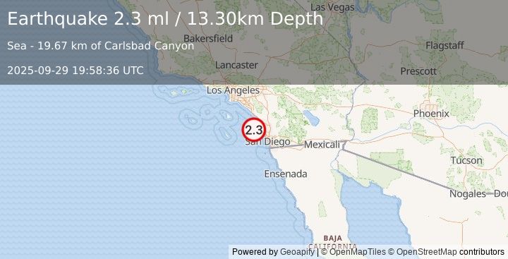 Earthquake GULF OF SANTA CATALINA, CALIF. (2.3 ml) (2025-09-29 19:58:36 UTC)
