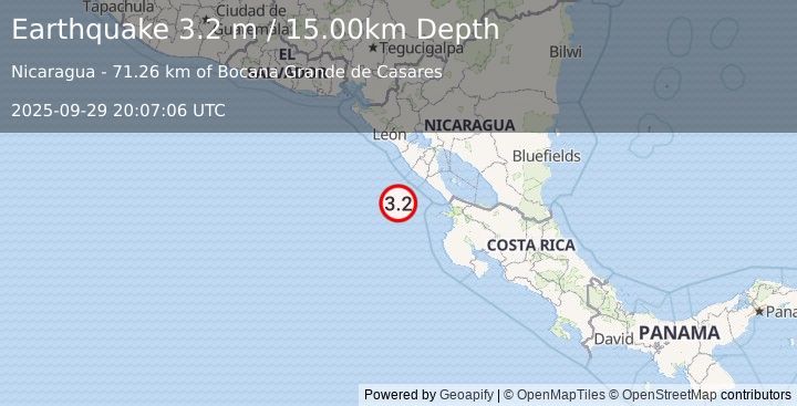 Earthquake NEAR COAST OF NICARAGUA (3.2 m) (2025-09-29 20:07:06 UTC)