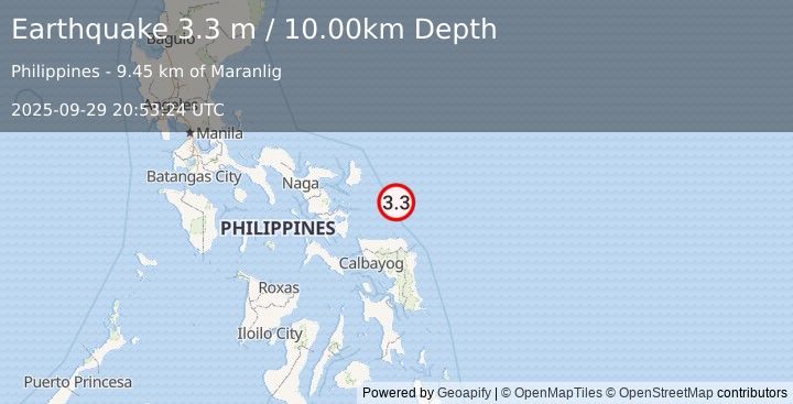 Earthquake PHILIPPINE ISLANDS REGION (3.3 m) (2025-09-29 20:53:24 UTC)