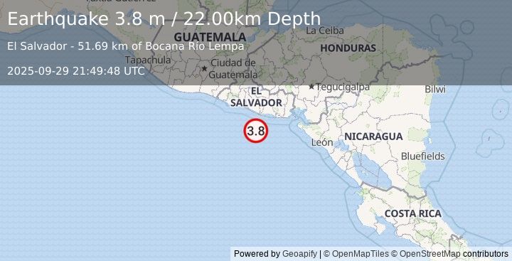 Earthquake OFFSHORE EL SALVADOR (3.8 m) (2025-09-29 21:49:48 UTC)