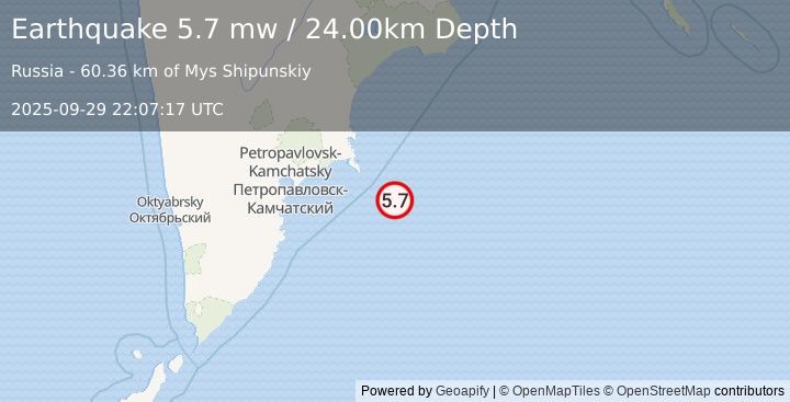 Earthquake OFF EAST COAST OF KAMCHATKA (5.7 mb) (2025-09-29 22:07:26 UTC)