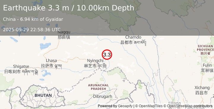 Earthquake EASTERN XIZANG (3.3 m) (2025-09-29 22:58:36 UTC)