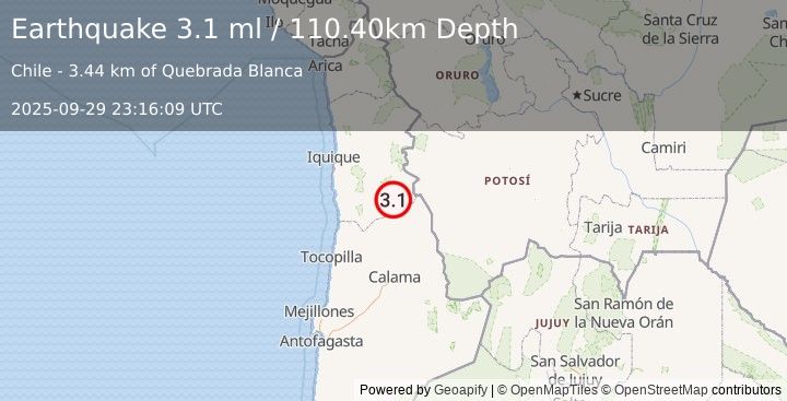 Earthquake TARAPACA, CHILE (3.1 ml) (2025-09-29 23:16:09 UTC)