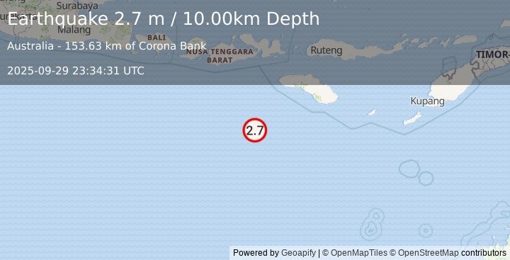 Earthquake SOUTH OF SUMBAWA, INDONESIA (2.7 m) (2025-09-29 23:34:31 UTC)