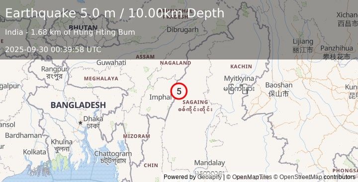Earthquake MYANMAR-INDIA BORDER REGION (5.0 m) (2025-09-30 00:40:03 UTC)