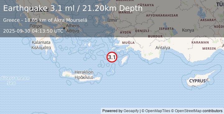 Earthquake DODECANESE IS.-TURKEY BORDER REG (3.1 ml) (2025-09-30 04:13:50 UTC)