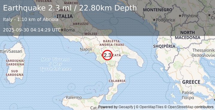 Earthquake SOUTHERN ITALY (2.3 ml) (2025-09-30 04:14:29 UTC)
