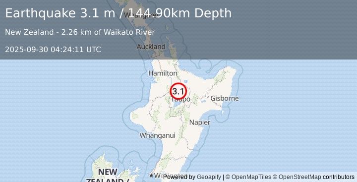 Earthquake NORTH ISLAND OF NEW ZEALAND (3.1 m) (2025-09-30 04:24:11 UTC)