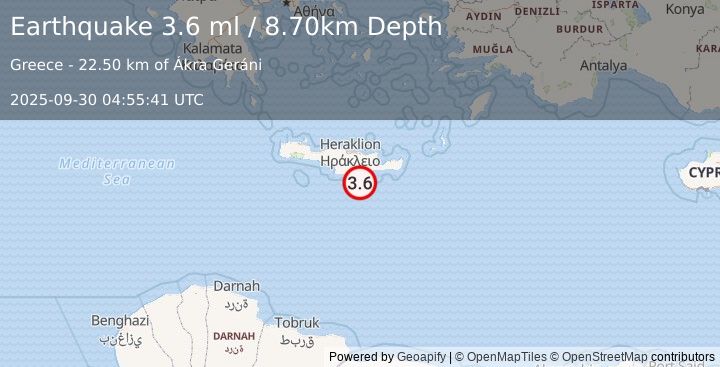 Earthquake CRETE, GREECE (3.5 ml) (2025-09-30 04:55:42 UTC)