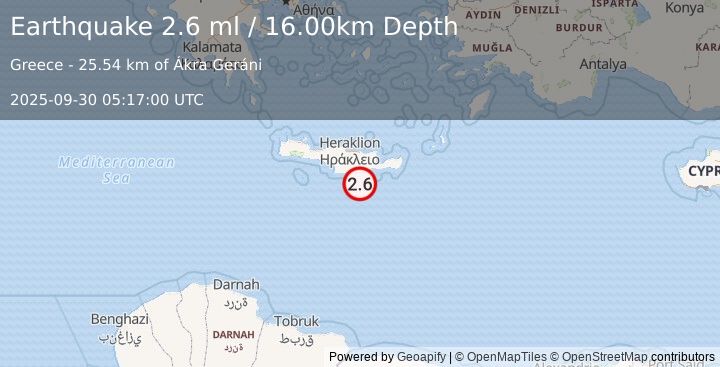 Earthquake CRETE, GREECE (2.6 ml) (2025-09-30 05:17:00 UTC)