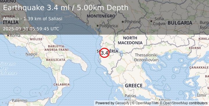 Earthquake ALBANIA (3.4 ml) (2025-09-30 05:59:45 UTC)