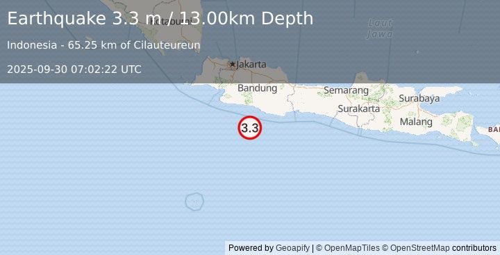 Earthquake JAVA, INDONESIA (3.3 m) (2025-09-30 07:02:22 UTC)