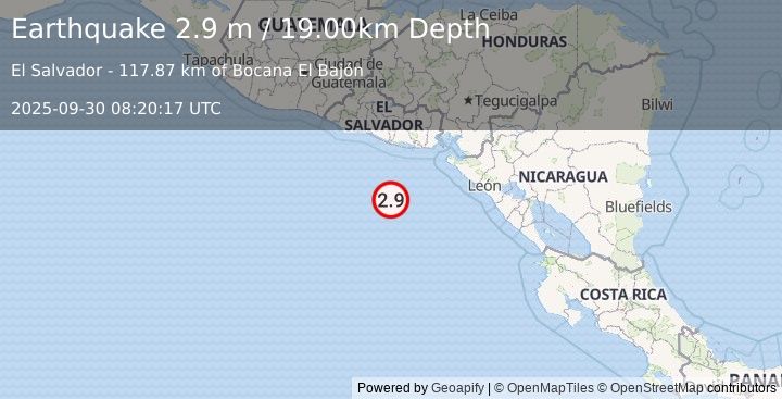 Earthquake OFF THE COAST OF EL SALVADOR (2.9 m) (2025-09-30 08:20:17 UTC)