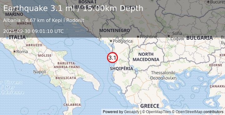 Earthquake ADRIATIC SEA (3.1 ml) (2025-09-30 09:01:10 UTC)