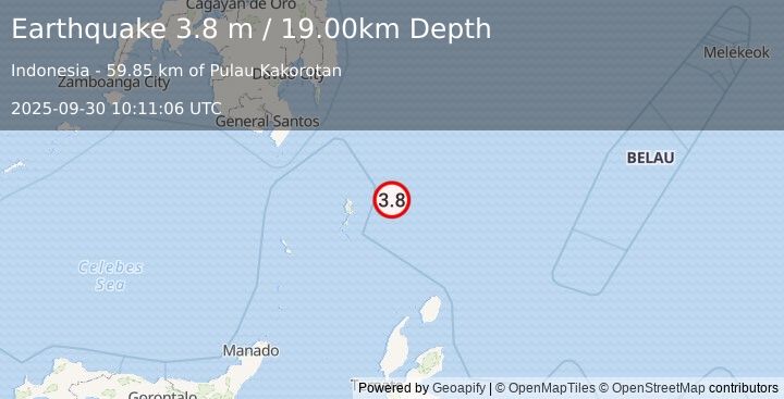 Earthquake KEPULAUAN TALAUD, INDONESIA (3.8 m) (2025-09-30 10:11:06 UTC)