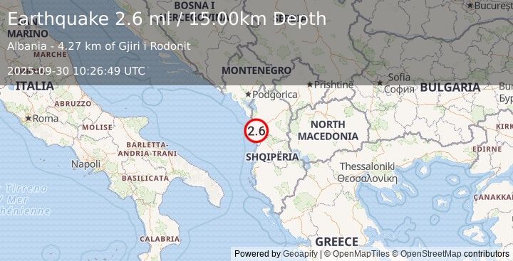 Earthquake ADRIATIC SEA (2.6 ml) (2025-09-30 10:26:49 UTC)