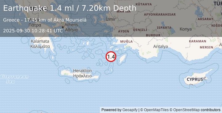Earthquake DODECANESE IS.-TURKEY BORDER REG (1.4 ml) (2025-09-30 10:28:41 UTC)