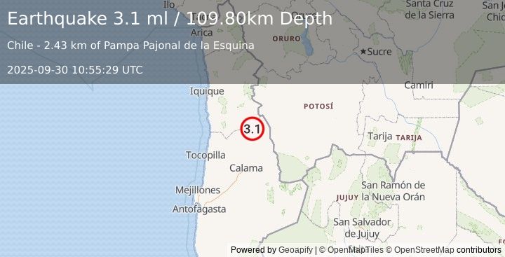 Earthquake ANTOFAGASTA, CHILE (3.1 ml) (2025-09-30 10:55:29 UTC)