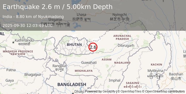 Earthquake ARUNACHAL PRADESH, INDIA (2.6 m) (2025-09-30 12:03:49 UTC)
