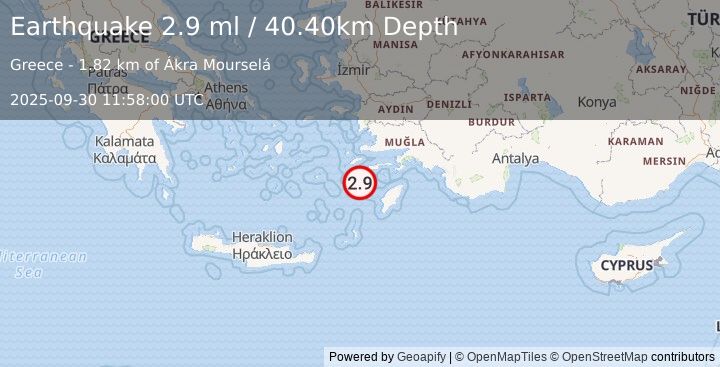 Earthquake DODECANESE IS.-TURKEY BORDER REG (2.7 ml) (2025-09-30 11:57:59 UTC)