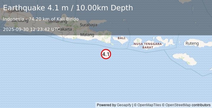 Earthquake SOUTH OF BALI, INDONESIA (4.1 m) (2025-09-30 12:23:42 UTC)