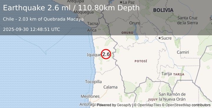 Earthquake TARAPACA, CHILE (2.6 ml) (2025-09-30 12:48:51 UTC)