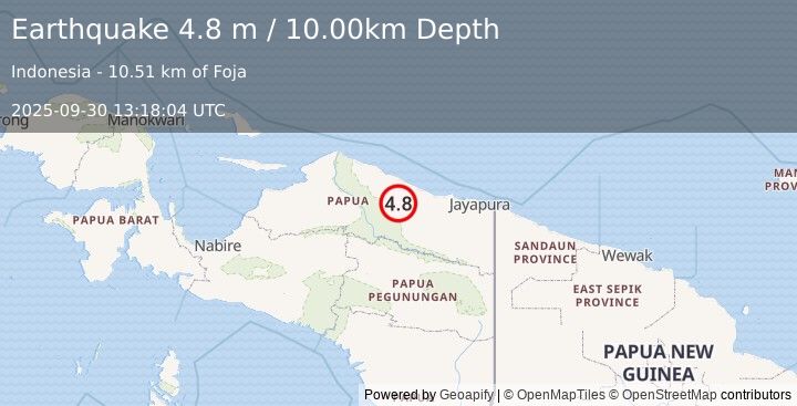 Earthquake NEAR N COAST OF PAPUA, INDONESIA (4.8 m) (2025-09-30 13:18:04 UTC)