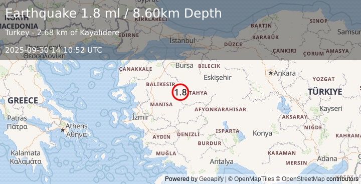 Earthquake WESTERN TURKEY (1.8 ml) (2025-09-30 14:10:51 UTC)