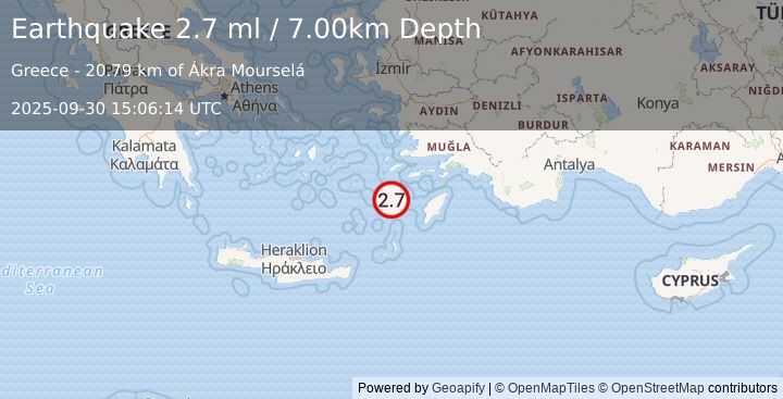 Earthquake DODECANESE IS.-TURKEY BORDER REG (2.8 ml) (2025-09-30 15:06:12 UTC)