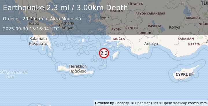 Earthquake DODECANESE IS.-TURKEY BORDER REG (2.3 ml) (2025-09-30 15:16:04 UTC)
