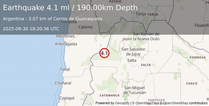 Earthquake SALTA, ARGENTINA (4.1 ml) (2025-09-30 18:20:36 UTC)