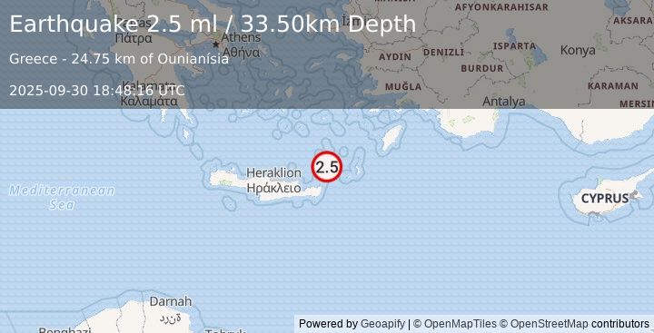 Earthquake CRETE, GREECE (2.5 ml) (2025-09-30 18:48:16 UTC)