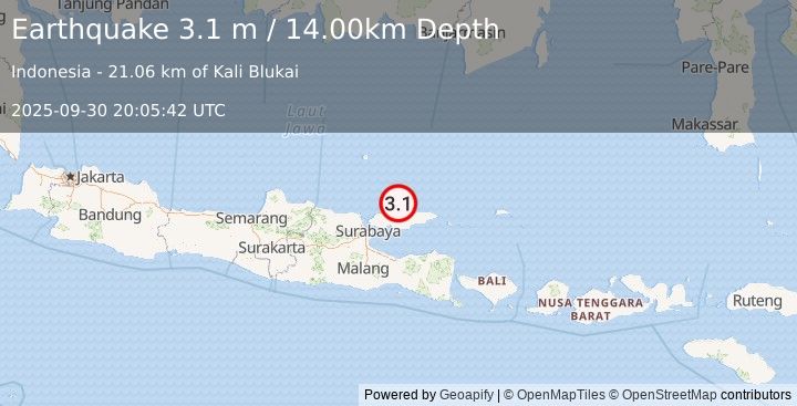 Earthquake JAVA, INDONESIA (3.1 m) (2025-09-30 20:05:42 UTC)