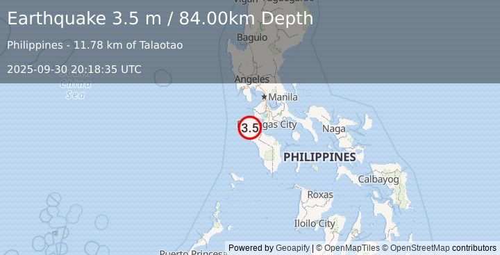 Earthquake MINDORO, PHILIPPINES (3.5 m) (2025-09-30 20:18:35 UTC)