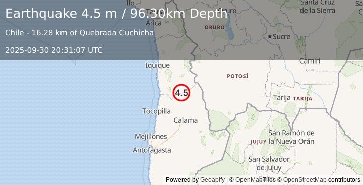 Earthquake TARAPACA, CHILE (4.5 m) (2025-09-30 20:31:08 UTC)