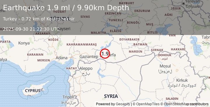 Earthquake EASTERN TURKEY (1.9 ml) (2025-09-30 21:22:30 UTC)
