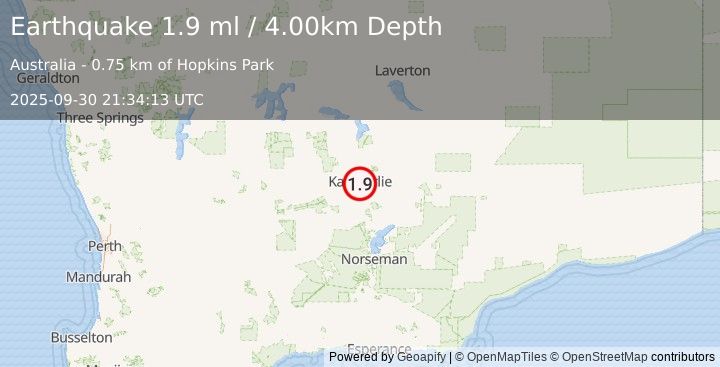 Earthquake WESTERN AUSTRALIA (1.9 ml) (2025-09-30 21:34:13 UTC)