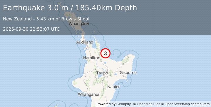 Earthquake NORTH ISLAND OF NEW ZEALAND (3.0 m) (2025-09-30 22:53:07 UTC)