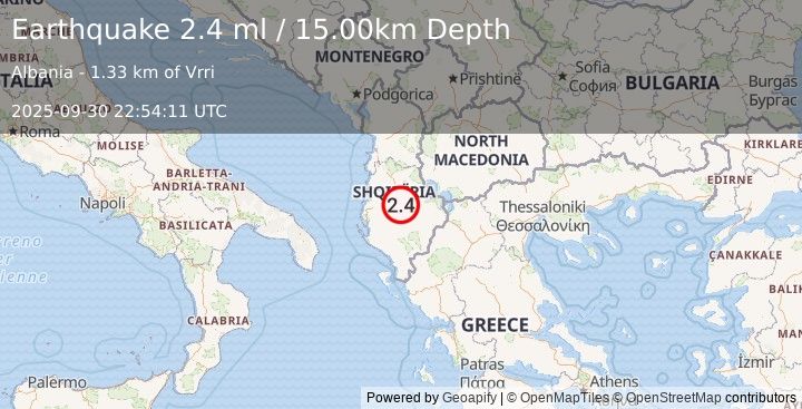 Earthquake ALBANIA (2.4 ml) (2025-09-30 22:54:11 UTC)