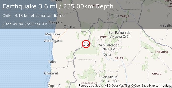 Earthquake ANTOFAGASTA, CHILE (3.6 ml) (2025-09-30 23:22:34 UTC)