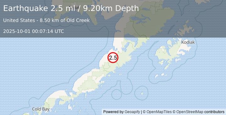 Earthquake ALASKA PENINSULA (2.5 ml) (2025-10-01 00:07:14 UTC)