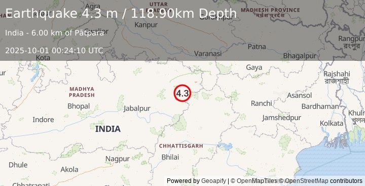 Earthquake MADHYA PRADESH, INDIA (4.3 m) (2025-10-01 00:24:10 UTC)